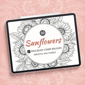 Sellos de girasoles para Procreate, coronas y marcos de girasoles, sellos de flores dibujadas a mano, sellos de tatuajes botánicos, sellos florales para Procreate