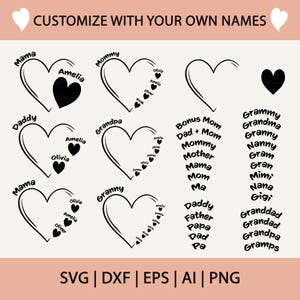 Coração de mãe personalizado com nomes de crianças Svg, Feliz dia das mães Svg, Coração de avó personalizado Svg, Nomes de netos Svg, Dia dos pais Svg, Arquivos de corte Cricut