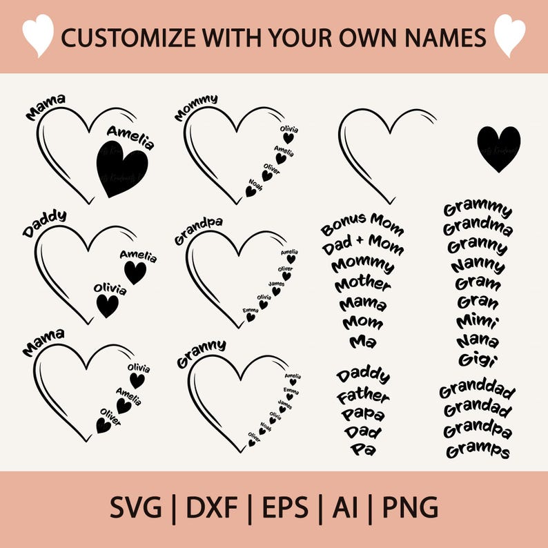 Personalized Heart Design with Kids' or Grandkids' Names – Perfect for Mother's Day, Father's Day, or Grandma's Gift – SVG Cut File for Cricut