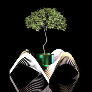 May include: A small green potted tree sits on a white and gold decorative stand with a wave-like design. The stand is reflected on a black surface.