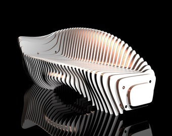 May include: A white and copper modern bench with a wavy, layered design. The bench is made of multiple pieces of wood that are stacked on top of each other to create a unique and stylish look.