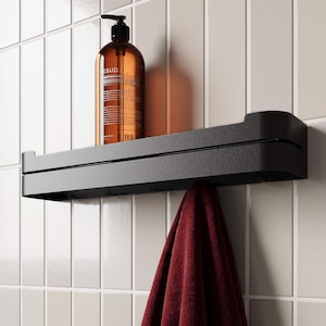 Schwarzes schwebendes Metallregal mit versteckten Haken - Minimalistischer Wandhalter