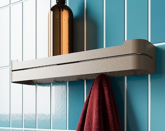 Beige Bathroom Shelf with Hidden Hooks – No-Drill Metal Floating Storage