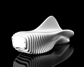 May include: A white, abstract, wavy bench made of stacked, curved, and layered pieces of wood. The bench is on a black surface and is reflecting in the surface.