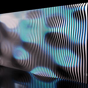 Könnte beinhalten: Abstrakte Wandkunst mit einem wellenförmigen, gestreiften Muster in Schwarz und Weiß mit blauen Akzenten. Die Wandkunst besteht aus dünnen, vertikalen Paneelen, die gebogen und abgewinkelt sind, um einen dynamischen, dreidimensionalen Effekt zu erzeugen.