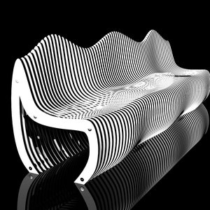 May include: A white, modern, wavy bench made of thin, vertical slats. The bench has a unique, organic shape and is designed for outdoor use.