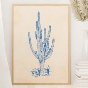 Kaktus Kunst Poster mit Holzrahmen, Wohnkultur, Wandkunst, Botanischer Druck, Geschenk für Pflanzenliebhaber, Mid-Century Ästhetik
