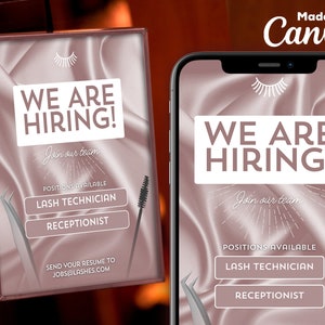 May include: A pink and white digital sign with the text "We are hiring!" and "Join our team". The sign lists two available positions: Lash Technician and Receptionist. The sign also includes the text "Send your resume to jobs@lashes.com".