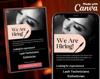 Letrero "Se busca técnico de pestañas": Plantilla personalizable de Canva (descarga digital)