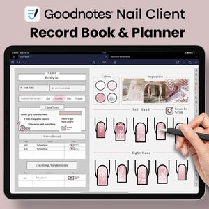Registro clienti Nail Tech, pianificatore digitale per GoodNotes, pianificatore Nail Tech con pagine con collegamenti ipertestuali, modelli di design e adesivi