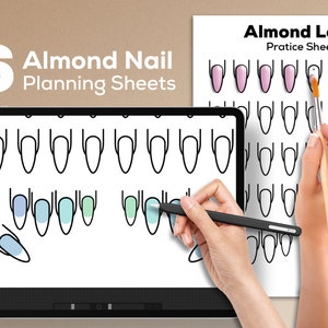 May include: Six printable almond nail planning sheets. The sheets feature outlines of almond-shaped nails for practicing nail art designs. The image shows a person using a stylus on a tablet to color in the nail outlines.