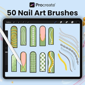 Peut inclure: Une capture d'écran d'une application d'art numérique montrant 50 pinceaux pour l'art des ongles. Les pinceaux sont affichés dans une vue de galerie sur l'écran d'une tablette. Les pinceaux comprennent divers motifs, tels que des volutes, des chaînes et des motifs géométriques. L'application s'appelle Procreate.