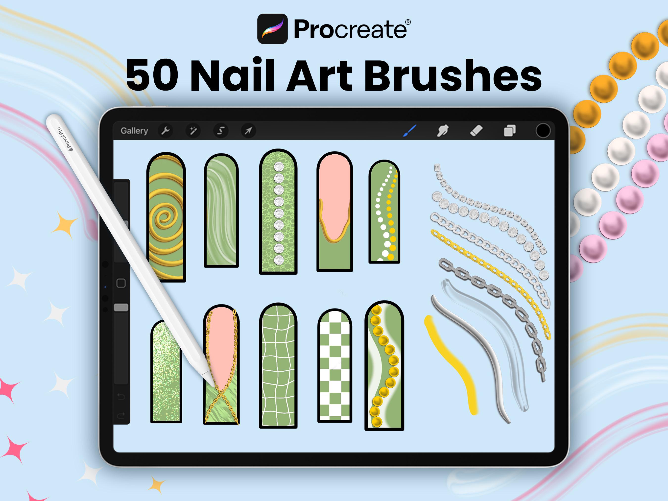 Pack de pinceles de Nail Art para Procreate – 50 pinceles con gel 3D, cadenas, gemas, cristales y efectos blooming
