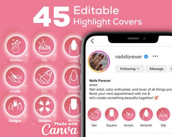 Customizable Nail Technician Instagram Highlight Covers, IG Highlight Covers Pink, IG Templates for Nails, IG Highlight Covers Custom