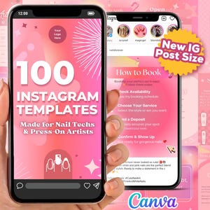 Pode incluir: Uma tela de telefone rosa e branca exibindo um gráfico para 100 modelos do Instagram feitos para técnicos de unhas e artistas de unhas postiças. O texto "New IG Post Size" está em um círculo vermelho na tela. O telefone está sendo segurado por uma mão.