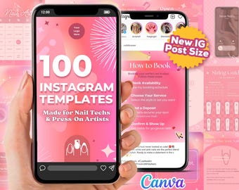 Plantillas de Instagram para Nail Tech: Tema pop rosa femenino (Canva, paquete de 100)