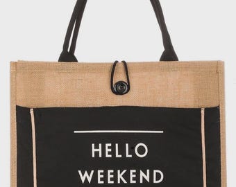 Hello Weekend Tote Handbag Burlap Gift Idea