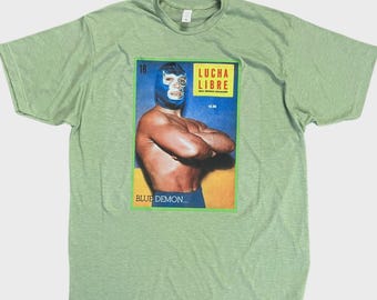 Lucha Libre Wrestler Blue Demon Full Color Graphic Design T-shirt Soft Style