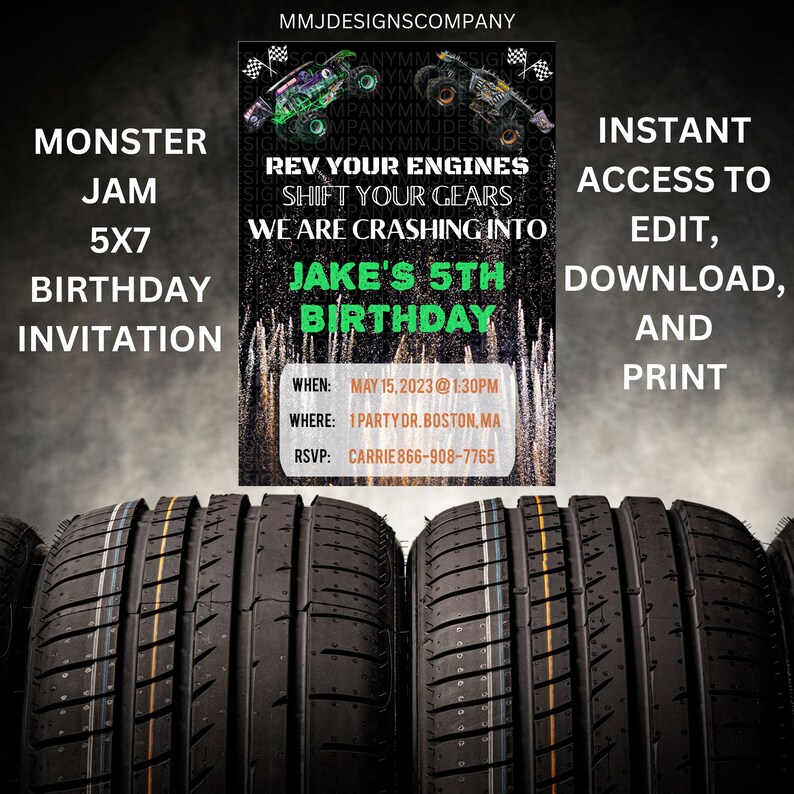 Personalized Monster Jam Birthday Invitation 5x7 Printable Digital