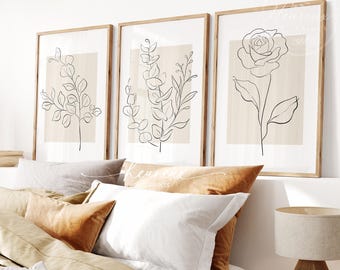 Flower Line Art, Set Of 3 Botanical Wall Prints, Neutral Wall Art, Minimalist Beige Wall Decor, Printable Floral Prints, DIGITAL DOWNLOAD