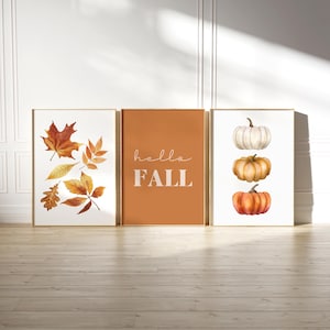 3er Set Orange Hallo Herbst druckbare Wandkunst, Herbstblätter Druck, Aquarell Kürbis Dekor, Herbstdruck, Herbst Zitat Poster, Bauernhausdekor