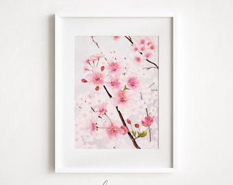 Sakura Flower Watercolor Painting, Cherry Blossom Print, Pink Wall Art, Botanical Print, Floral Home Decor, Spring Art, PRINTABLE WALL ART