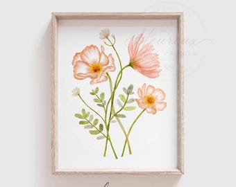 Aquarellmalerei Mohnblume, rosa Blumendruck, botanische Wandkunst, florale Wohndekoration, Wildblumen-Wandbild zum Ausdrucken, DIGITALER DOWNLOAD