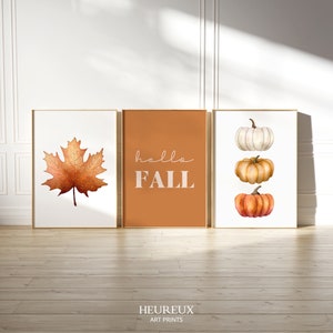 3er Set Orange Hallo Herbst druckbare Wandkunst, Aquarell Kürbis Herbst Dekor, Herbstblatt Druck, Herbst Zitat Poster, Bauernhaus Wanddekoration