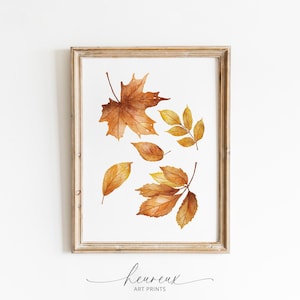 Fall Leaves Printable Wall Art, Watercolor Autumn Prints, Thanksgiving Farmhouse Decor, Golden Orange Warm Tones Fall Decor, DOWNLOAD Art