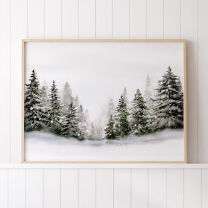 Impresión de bosque de pinos de invierno, arte de pared imprimible de árbol de Navidad, pintura de paisaje nevado, decoración de granja, árboles de hoja perenne de acuarela DESCARGAR