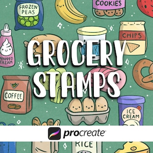 May include: A digital illustration featuring various grocery items like frozen peas, bananas, cookies, chips, coffee, and ice cream. The words "Grocery Stamps" are in large white letters. The Procreate logo is at the bottom.