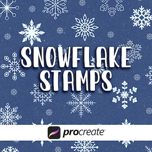 May include: A blue background with white snowflakes and the words "SNOWFLAKE STAMPS" in large white letters. The Procreate logo is in the bottom right corner. The image is a digital design.