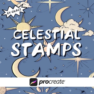 May include: A digital illustration featuring celestial motifs including suns, crescent moons, and stars on a blue background. The text reads BY GRACE, CELESTIAL STAMPS, and procreate. The design includes white clouds and various star shapes with thin black outlines.