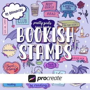 May include: A collection of colorful digital stamps with a bookish theme. The design includes text such as "Bookish Stamps", "Hot Girls Read", and "Too Many Books?" along with illustrations of books, coffee, and a dragon.