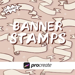 May include: A digital graphic featuring a repeating pattern of hand-drawn brown outline banners on a light beige background. The text reads BY GRACE, BANNER STAMPS, and procreate. Small four-pointed star accents are scattered throughout the design.