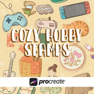 May include: Illustration featuring various hobby-related items, including a sewing machine, video game controller, and a cat. The text "COZY HOBBY STAMPS" is prominently displayed. The Procreate logo is at the bottom.
