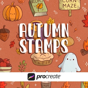 May include: An autumnal illustration with the words "AUTUMN STAMPS" and images of a pumpkin, pie, and a ghost. The Procreate logo is at the bottom.