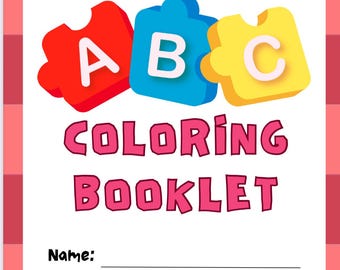 May include: A children's coloring booklet with a red border. The cover features the words "MY COLORING BOOKLET" in pink, with colorful puzzle-piece letters A, B, and C. Below are lines for Name, Age, and Birthday.