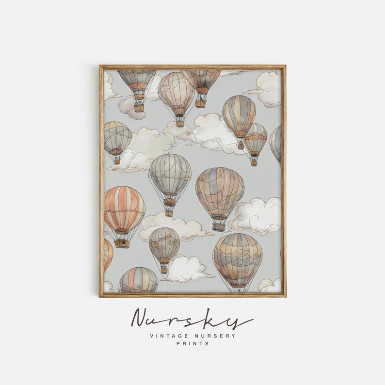 Vintage Hot Air Balloons Print Muted Blue Travel Nursery Poster ...