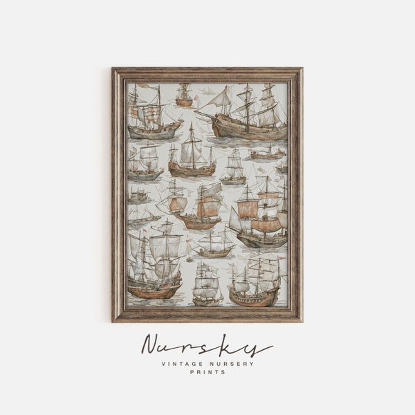 Vintage Sail Ship Print - Watercolor Old Ships Poster - Nursery Sailing Ship Painting - Boys Room Wall Art - Kids Room Decor - Printable 21