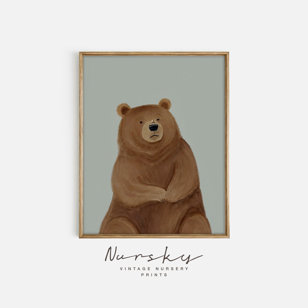 Nursery Bear Wall Art - Cute Brown Bear With Bee Print - Vintage Kids ...