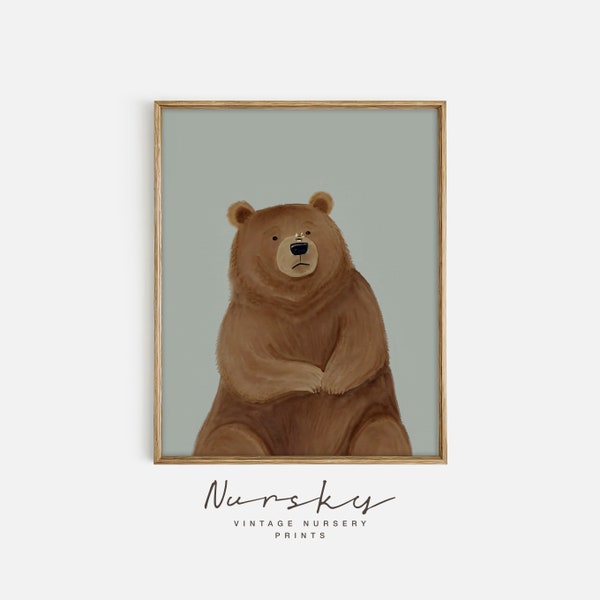 Nursery Bear Wall Art - Cute Brown Bear with Bee Print - Vintage Kids Room Print - Woodland Forest Animal Baby Decor - Printable 29