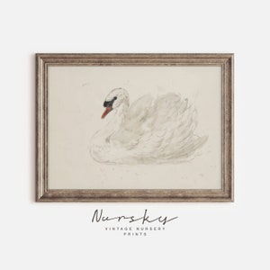Vintage Swan Painting - Muted Tone Animal Illustration - Nursery Illustration Decor - Farmhouse Sketch Prints - Printable 32