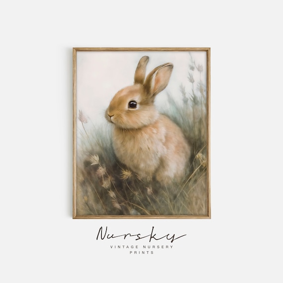 Vintage Rabbit Painting - Easter Bunny Art Print - Neutral Country Nursery Wall Art - Farmhouse Decor - PRINTABLE Digital 53