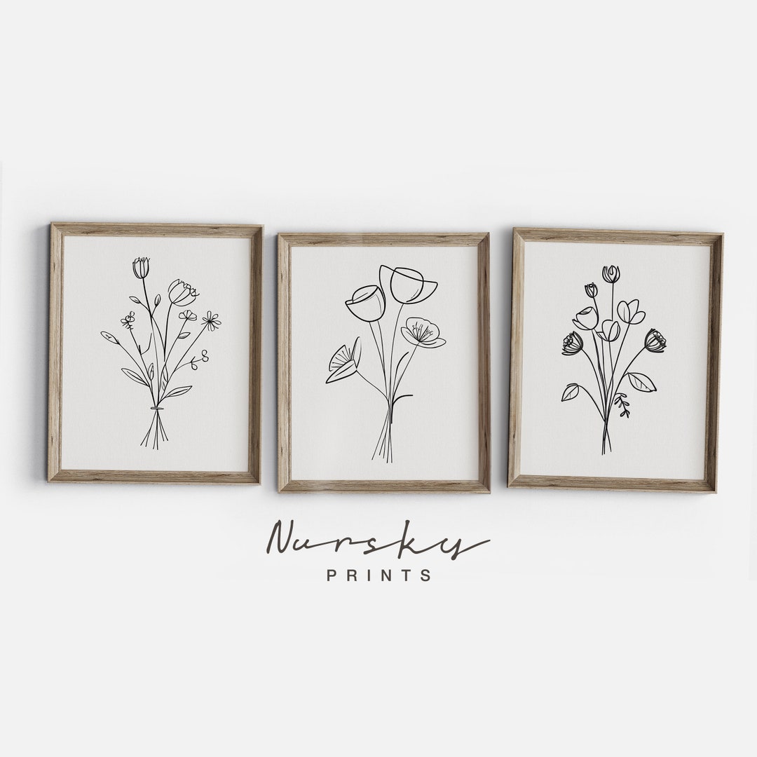 Set of 3 Minimal Floral Line Art Prints | Vintage Botanical Drawing ...