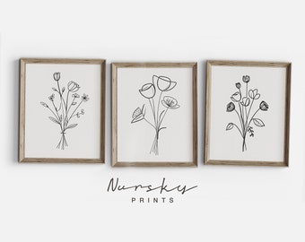 Set of 3 Minimal Floral Line Art Prints | Vintage Botanical Drawing | Trending Decor | Flower Print Trio | New Home Wall Art | PRINTABLE S5