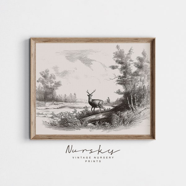 Vintage Deer Sketch - Woodland Landscape Drawing - Rustic Art Print, Neutral - Antique Wall Art - PRINTABLE Digital 64