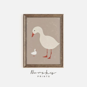 Arte de ganso tonto y patito / Póster de decoración de guardería en rosa sereno / Animal de granja imprimible / Ilustración de gouache para habitación de niños / Imprimible 127