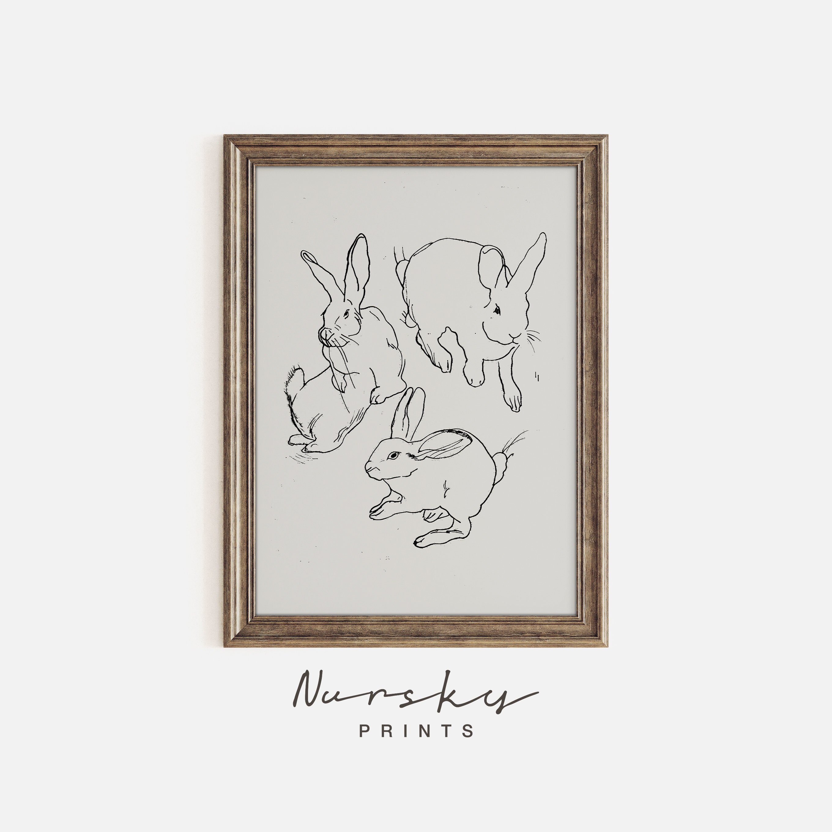 Vintage Three Bunny Rabbit Line Art Abstract Farm Print Farmhouse Decor ...