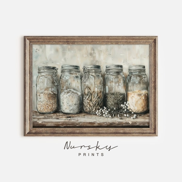 Farmhouse Kitchen Art | Rustic Mason Jar Spices | Shabby Chic Bakery Decor | Neutral Country Charm | Cooking Painting | PRINTABLE 159